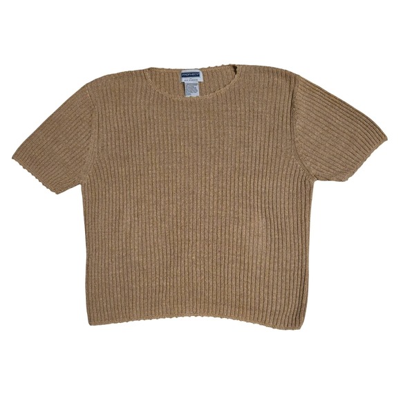 Prophecy by Sag Harbor Sweaters - Y2K, Prophecy by Sag Harbor Tan Silk Blend Ribbed Short Sleeve Knit Sweater XL